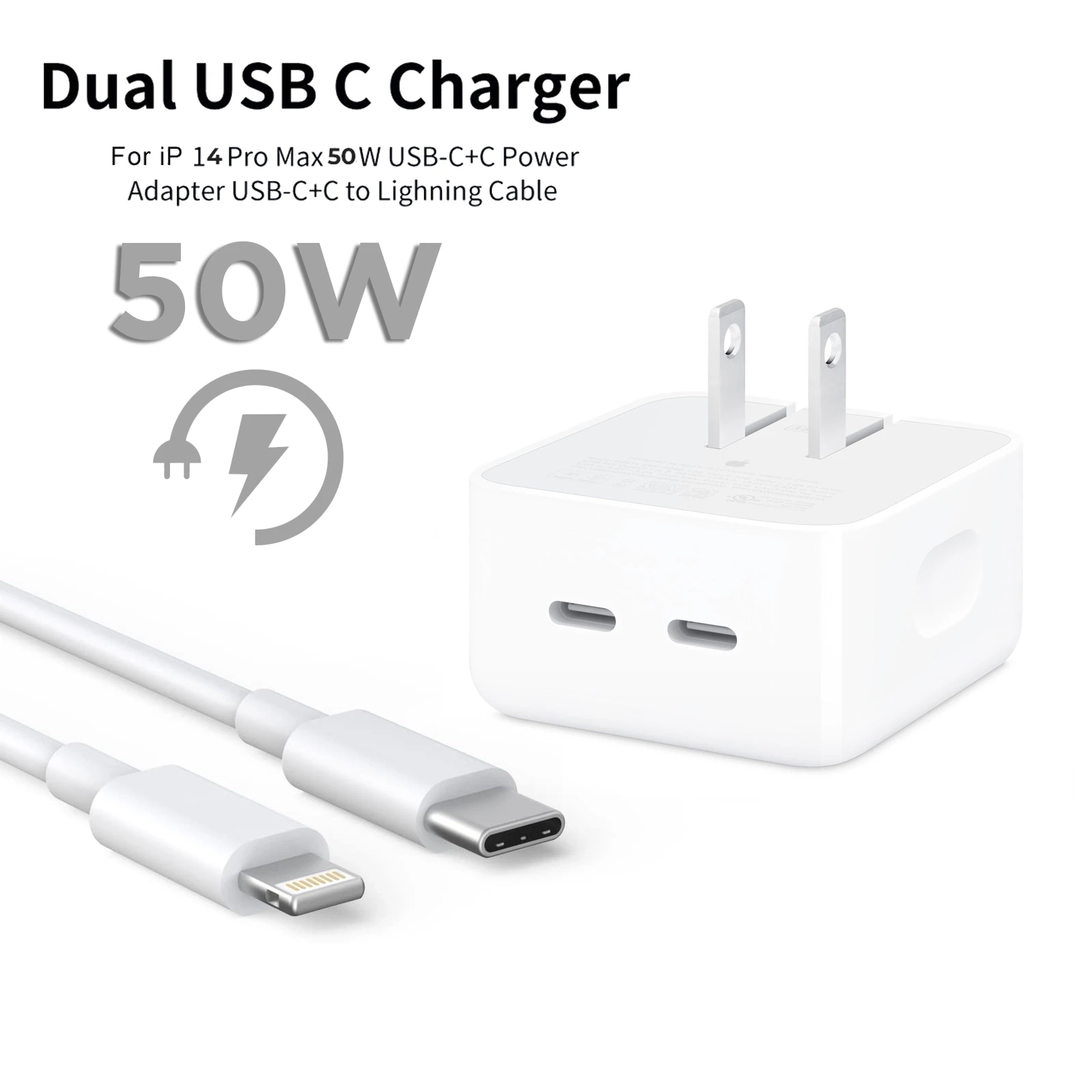 I-Phone 14 Pro 50W USB-C+C Power Adopter USB-C to Lighning Cable High Quality