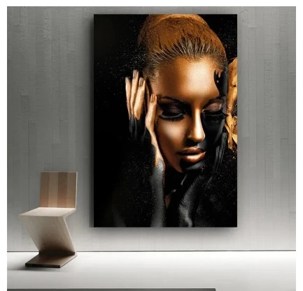 Black Golden African Woman Portrait Oil Paintings on Canvas Nude Art Poster and Print Scandinavian Wall Pictures Home Decoration Size - 22x12