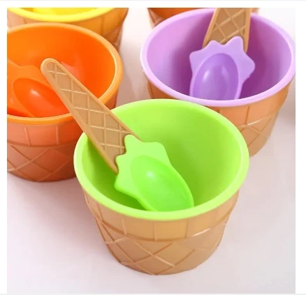 2pc Kids Ice Cream Dessert Bowls Colorful with Plastic Spoon Waffle Cone Shape