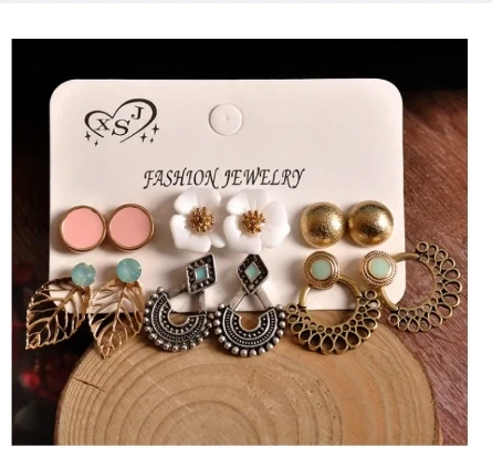 6 pairs New Fashion Stud and Drop Earrings set Mixed Pearl and Bohemian Vintage style Jewellery accessories for Women