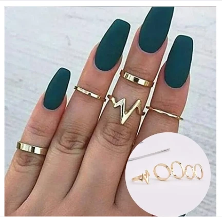 Set of 5 Womens Ring New Lightning ECG Ladies Girls Ring Set Alloy Smooth Ring