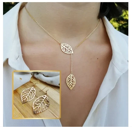 New Fashion Trend Double Leaf Golden Necklace and Earrings Set Jewelry Party Gift