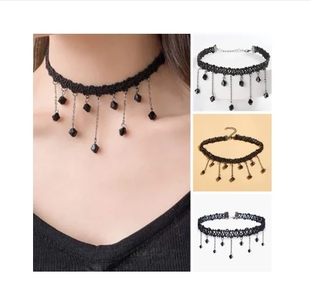 Black New Gothic Lace Victorian Vintage Chain Collar Choker with Tassel Beads Bib Necklace Pendant For Girls