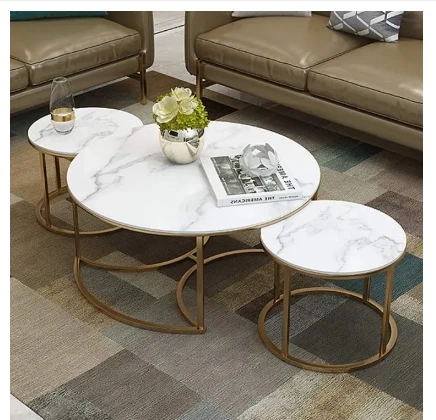 Living Room Coffee Tables Set of 3, Round Nesting Tables with White Marble sheet Top and Gold Rod iron Base, Nest of 3