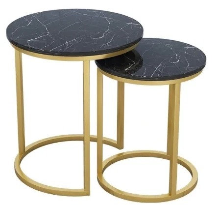 2 Pieces Nesting Tables Set Marble Sheet Top With Rode Iron Base Frame (Coffee table & Side Table) Gadget Shop