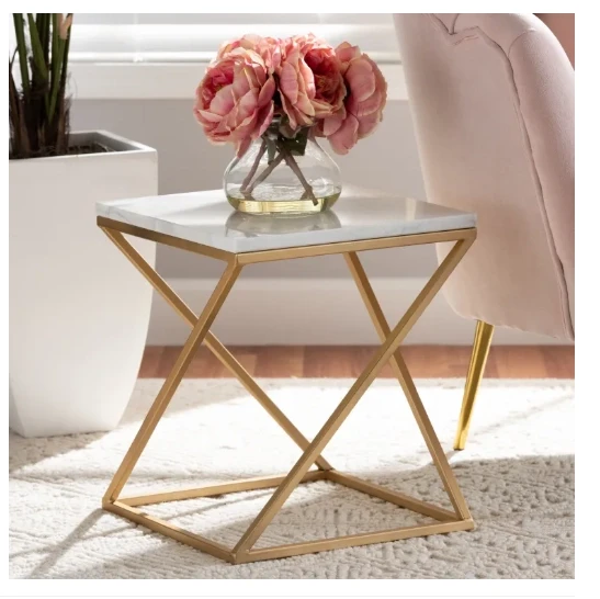 Gold Side Table, Metal Rectangle End Table Modern Sofa Side Table with MDF Top & Gold Frame Bedroom Nightstand - White Small Accent Table for Living Room Home Décor