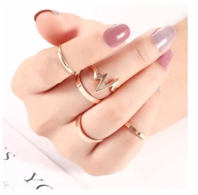 Set of 5 Womens Ring New Lightning ECG Ladies Girlss Ring Set Alloy Smooth Rings