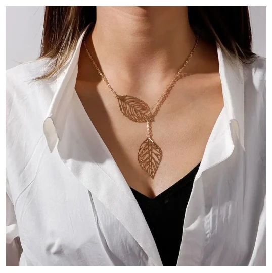 New Trendy Long Pearl Necklace Leaf Pendant Necklace for Girls