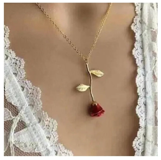 Red Rose Necklace Beauty & the Beast Rose Necklace, Anniversary Gift For woman