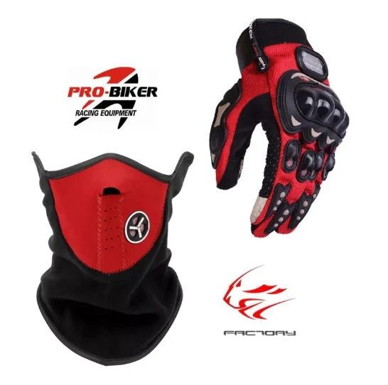 Pack of 2 - Winter Mask + Pro Biker Gloves - RED