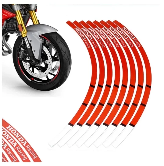 AKE - High Quality Motorcycle Tyre Waterproof Wheel Logo Sticker Rim Personality Reflective Stripe Honda Racing Rim Sticker Red for both Wheels Both Sides