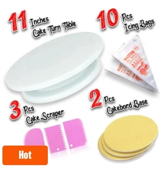 High quality Rotating 11 inch Cake Turntable, 3Pcs Cake Creem icing Scraper Set, 10Pcs Disposable Piping Bags , 2Pcs Round Cake Boards Set Cakeboard Base Disposable Paper