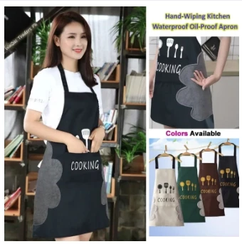 Kitchen Apron Waterproof Hand-Wiping With Pocket Oil-Proof Apron For Woman Adjustable