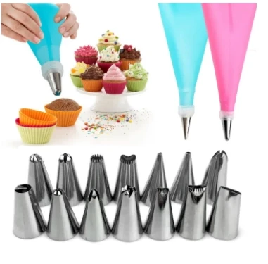 Cakeware 15 Piece Cake Decorating Set Frosting Icing Piping Bag Tips With Steel Nozzles