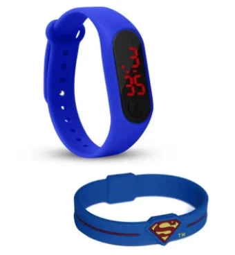 Pack of 2 - Silicone Rubber Touch LED Digital Watch & Superman Bracelet For Boys - Blue