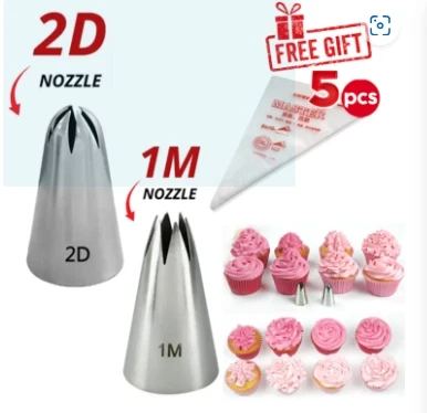 1M and 2D Nozzle Stainless Steel Piping Nozzle Free Gift 5Pcs Disposable Piping Bags