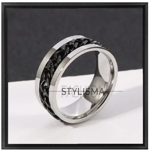 Stylisma Silver Stainless Steel Spinner Black Chain Thumb Ring For Men