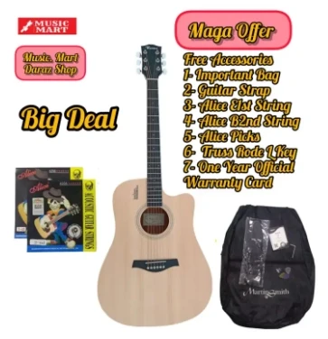 Rosen Acoustic Guitar 41" Matt Finishing With Truss Rod Option And Accessories Package 2 Alice String E1st And B2nd , Bag, Belt, 4-Picks, And L Key